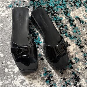 Veronica Beard Black Patent Buckle Slide Mules